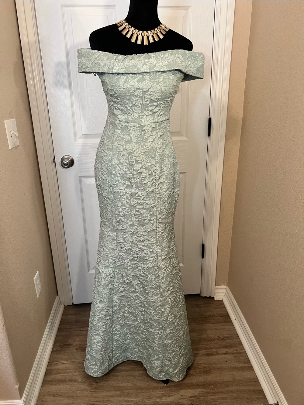 Off-Shoulder Mint Green Lace Evening Gown